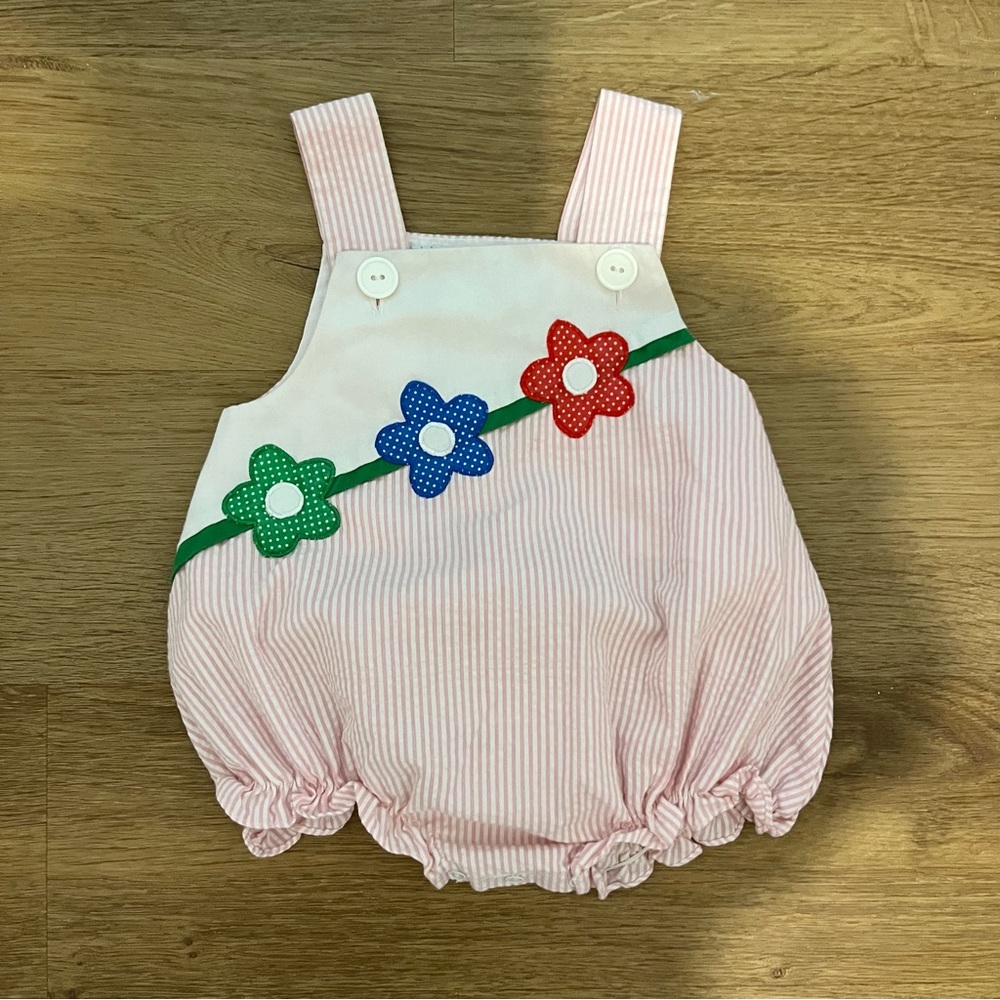 Samara Vintage Baby Romper Stripes with Flowers Seersucker Feel 6-12 Months
